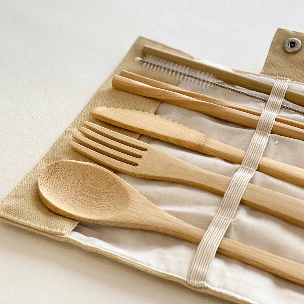 Travel Bamboo Utensil Set with Cotton Roll-Up Carrying Case